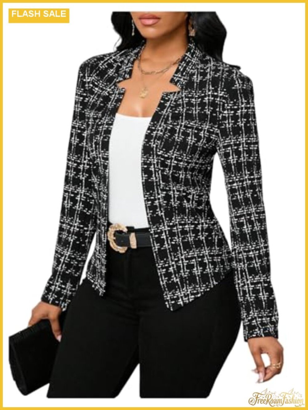 Plaid Tweed Blazer Open Front Long Sleeve Business Suit Jacket